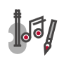 violin, paintbrush and musical note icons